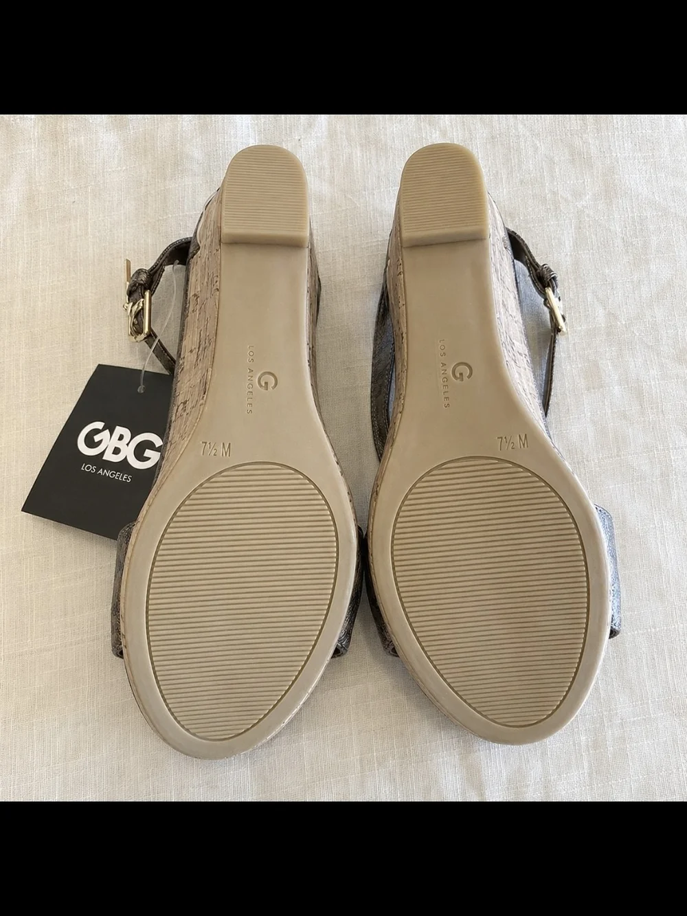 New G by GUESS GBG Monogram Cork Platform Wedge Sandals 7.5